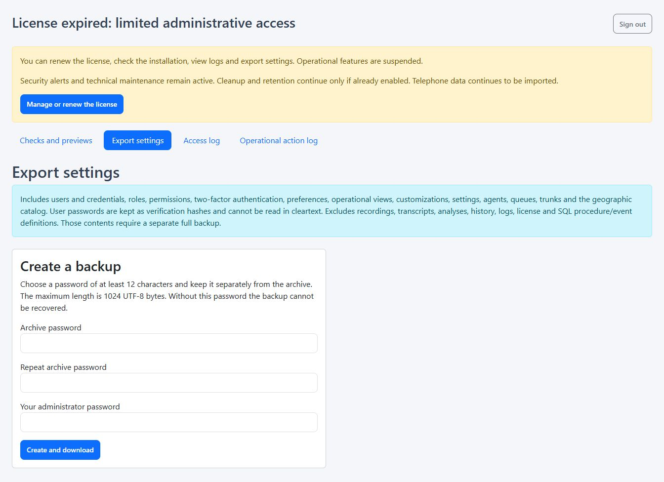 Configuration export with an expired licence