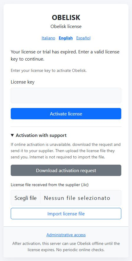 Screen shown when the licence has expired