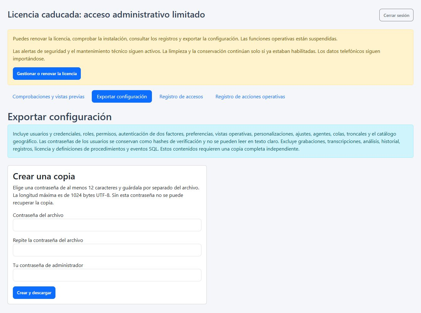 Exportación de la configuración con una licencia caducada