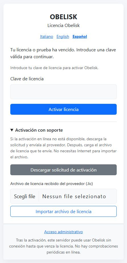 Pantalla que aparece cuando la licencia ha caducado