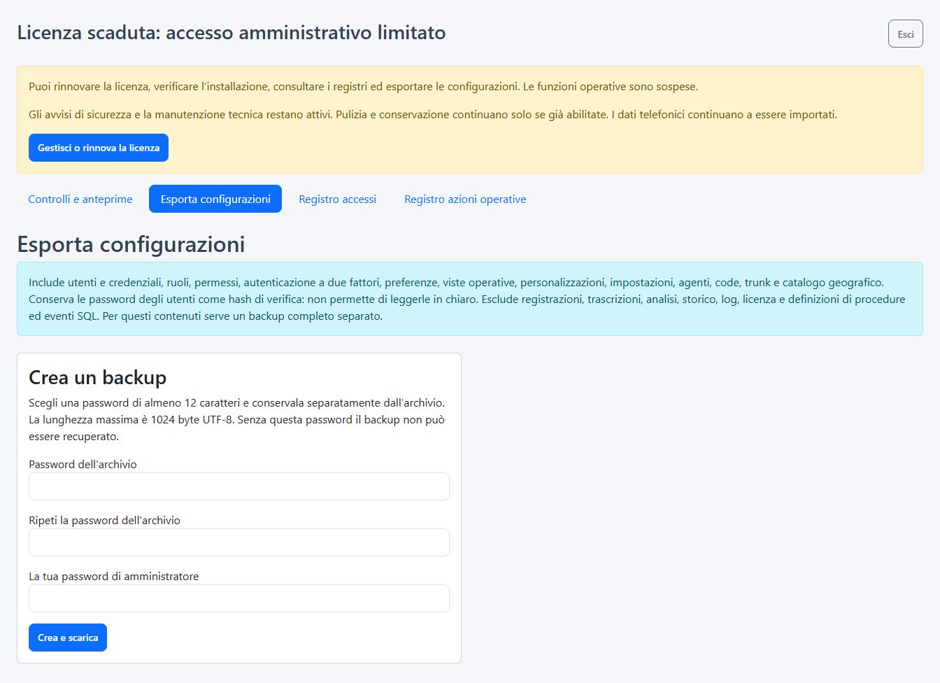 Esportazione della configurazione con licenza scaduta