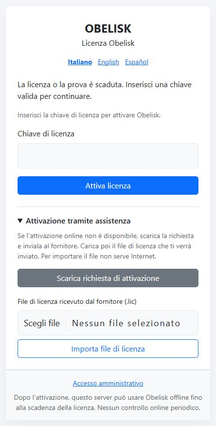 Schermata mostrata quando la licenza è scaduta
