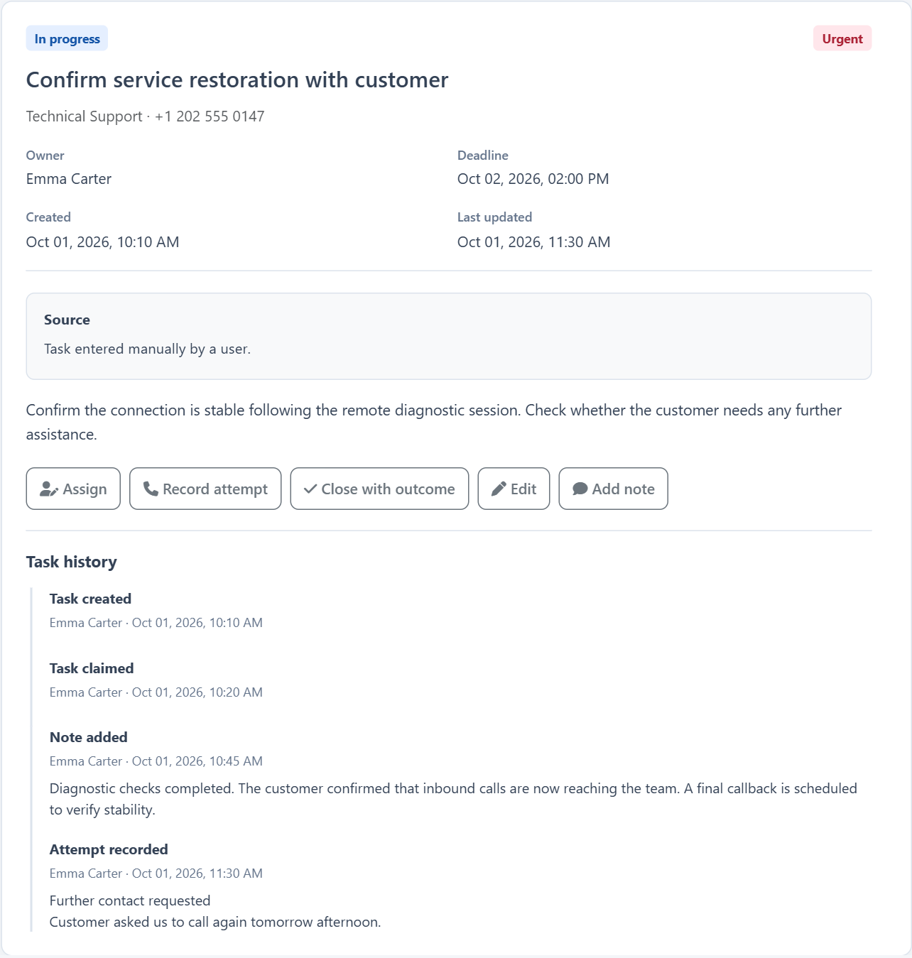 Action centre — Task context