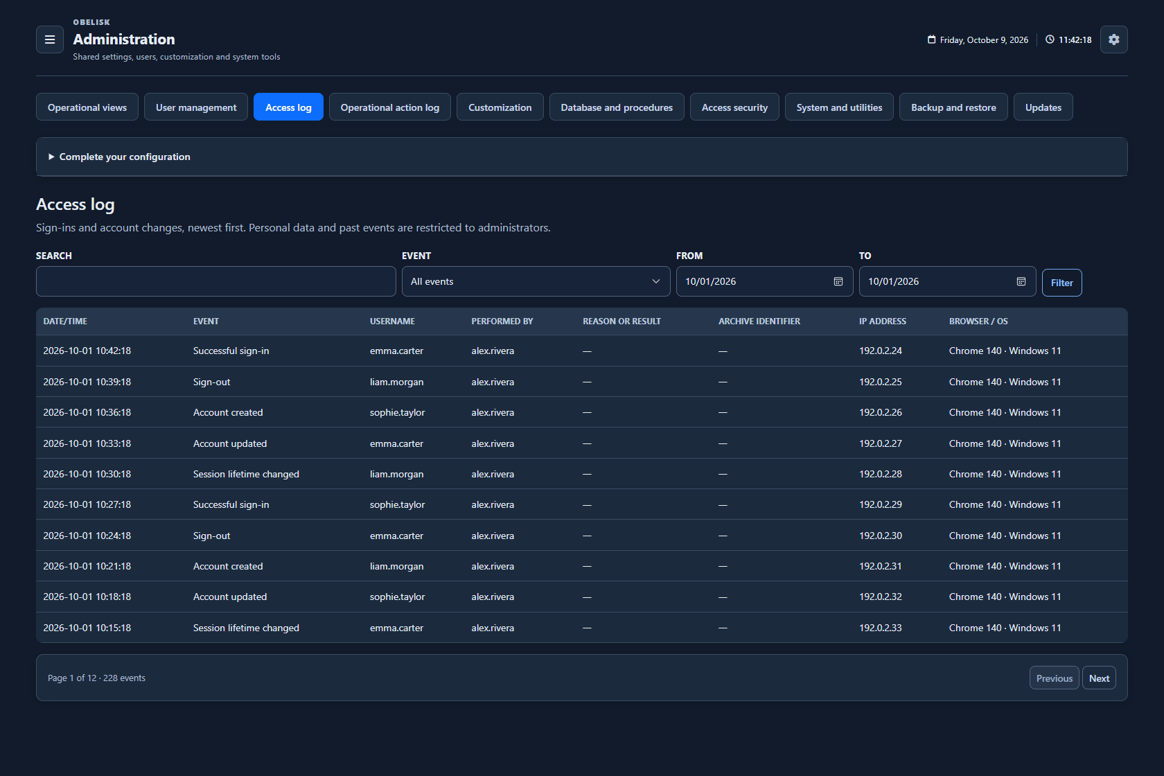 Access log — Complete page — Dark theme