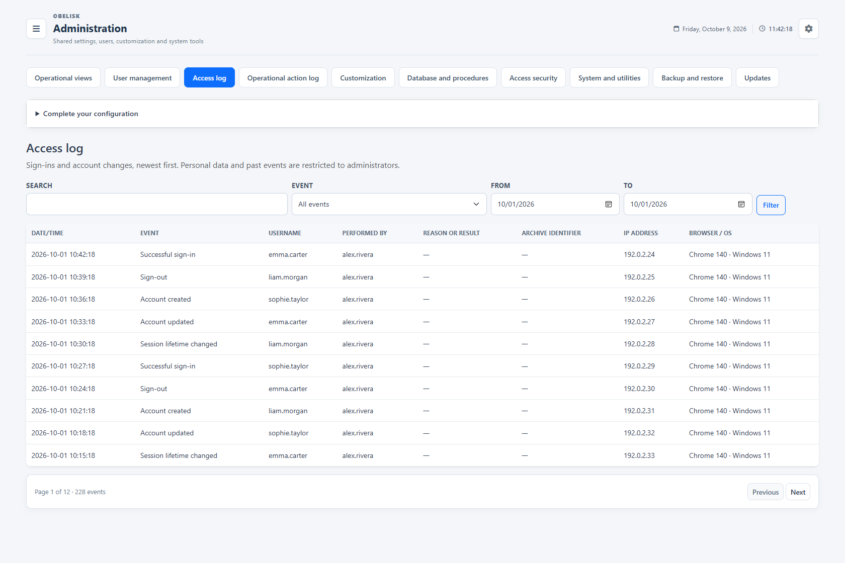 Access log — Complete page — Light theme
