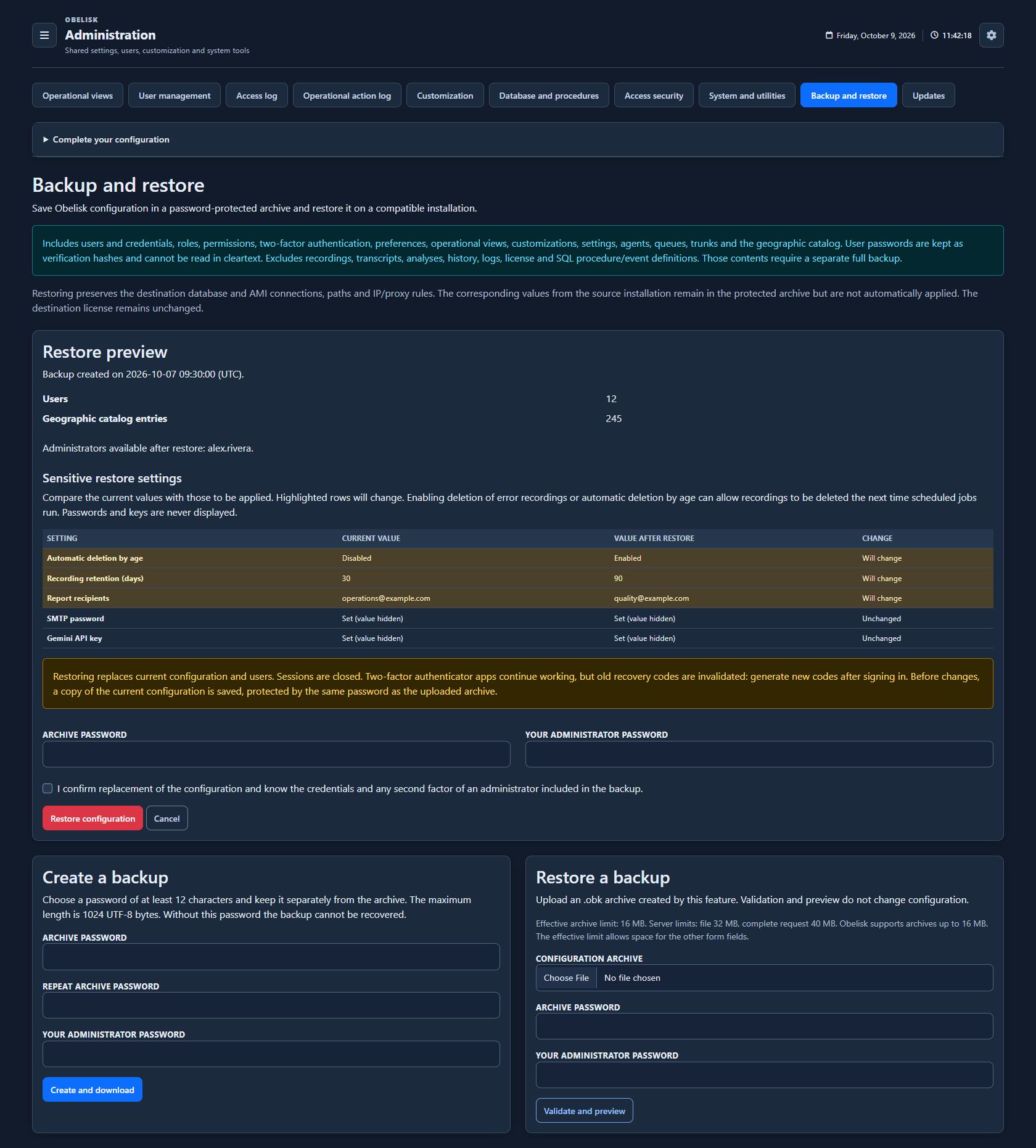 Configuration backup — Restore preview — Dark theme