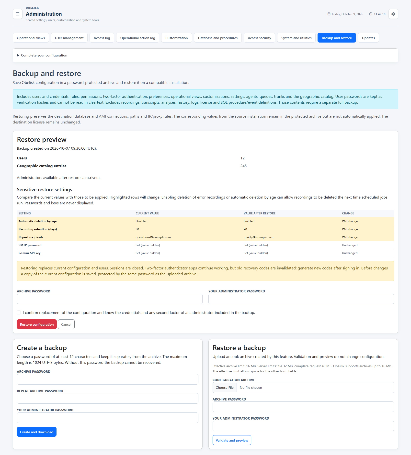 Configuration backup — Restore preview — Light theme