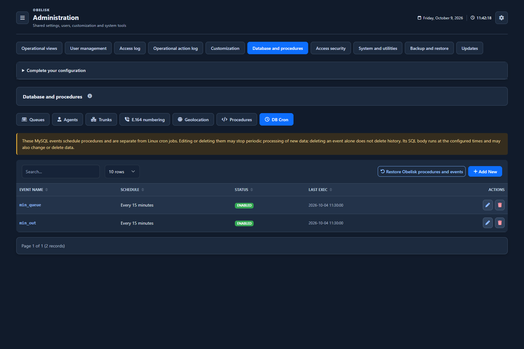 Database & catalogues — Scheduled database events — Dark theme