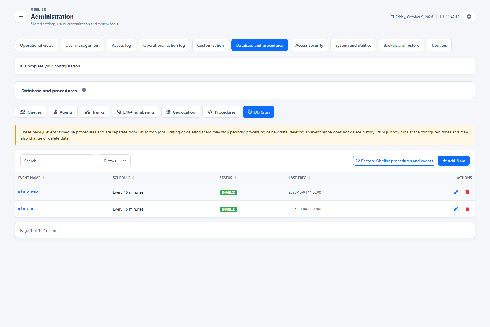 Database & catalogues — Scheduled database events — Light theme