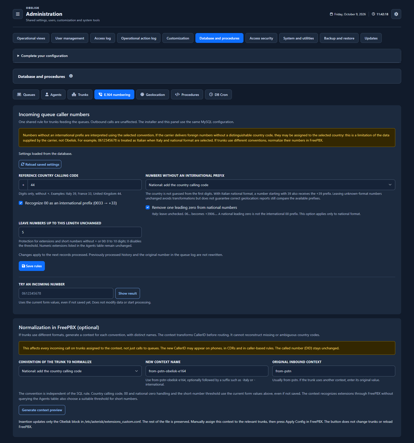 Database & catalogues — Number normalization — Dark theme