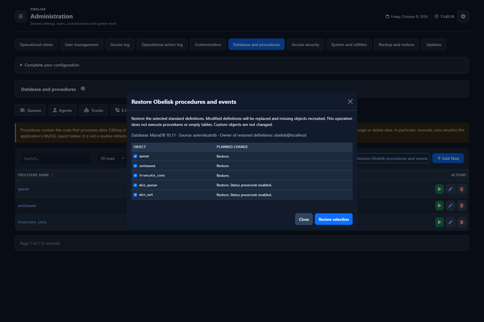 Database & catalogues — SQL restore preview — Dark theme