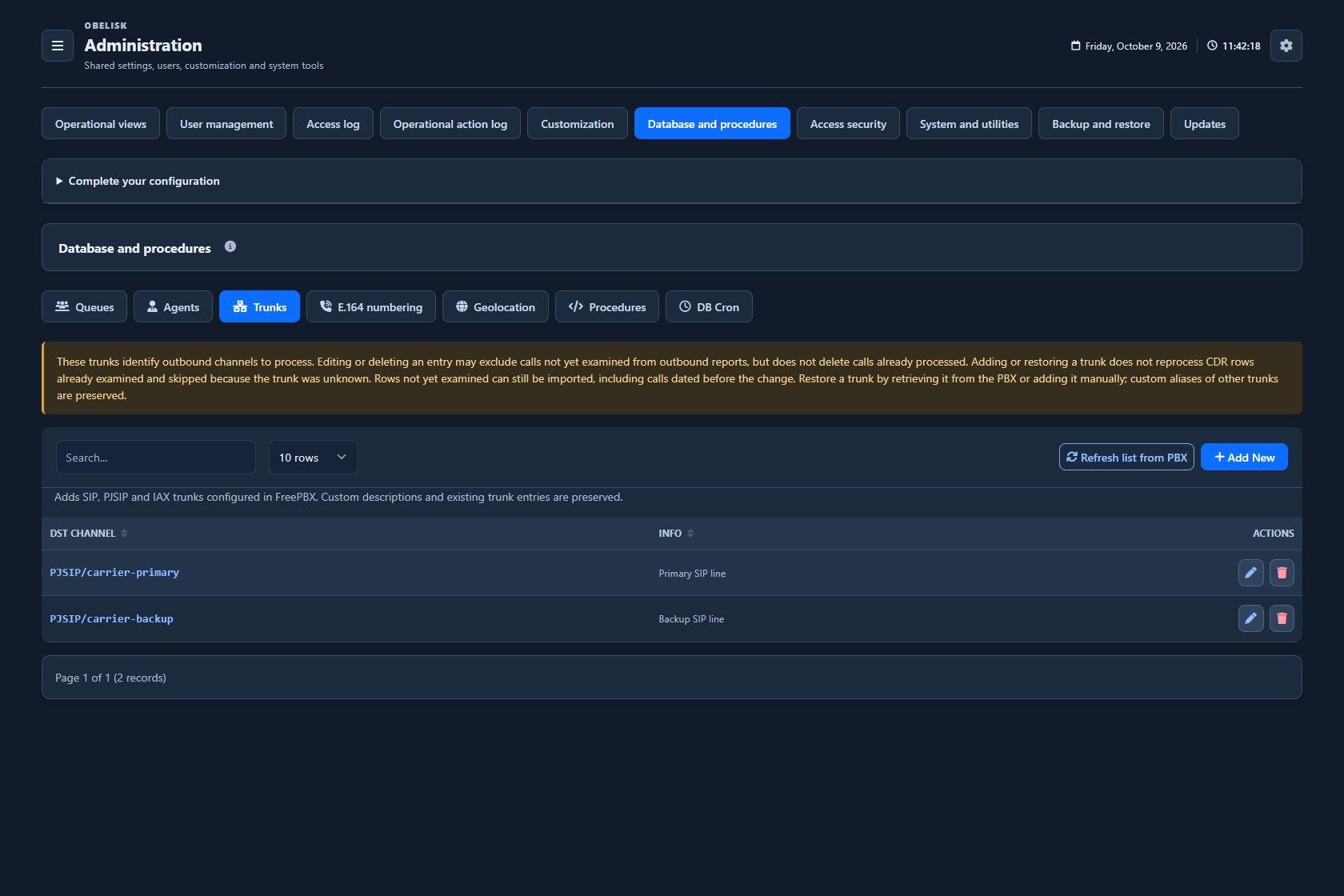 Database & catalogues — Lines and trunks — Dark theme