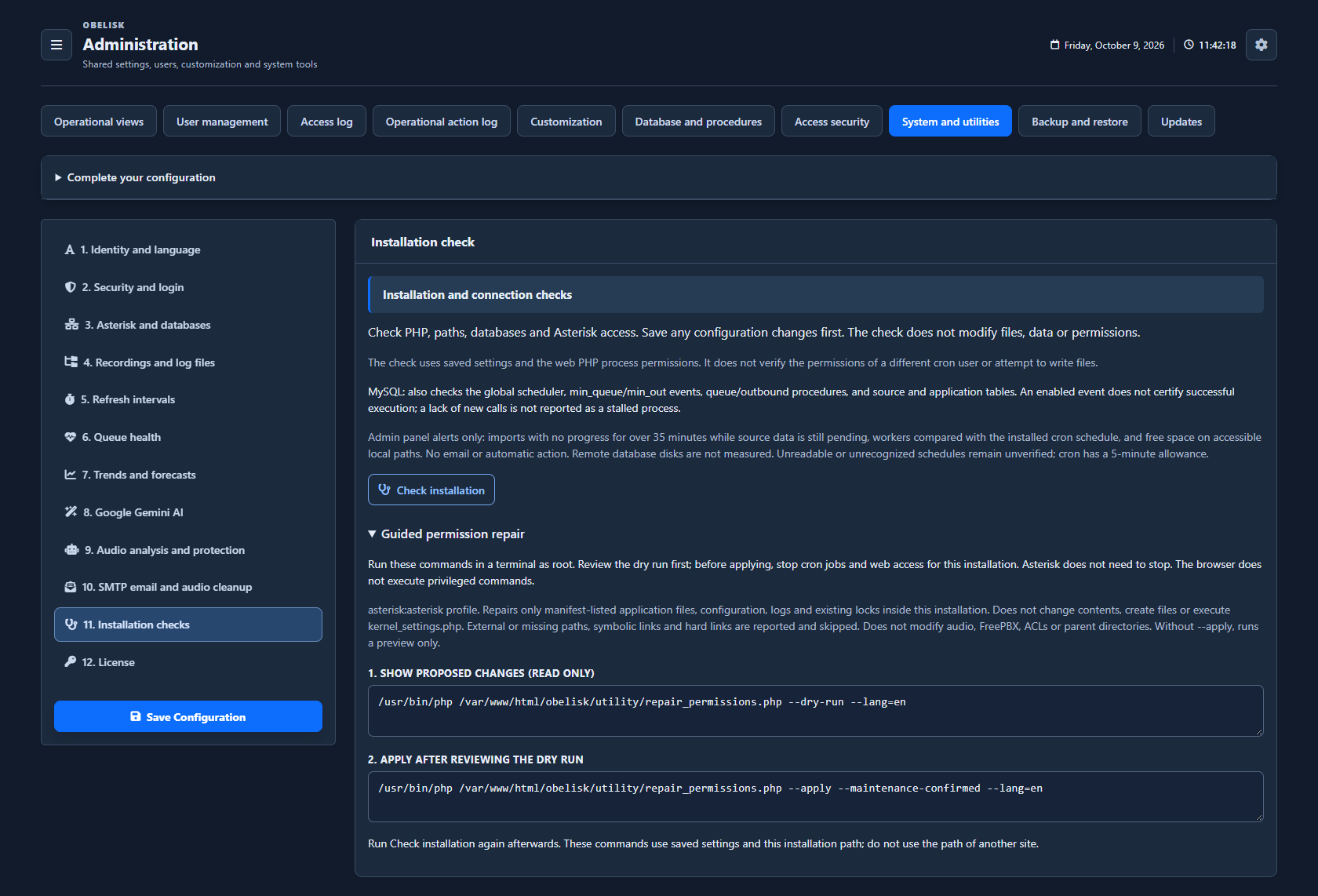 Installation diagnostics — Permission repair guidance — Dark theme