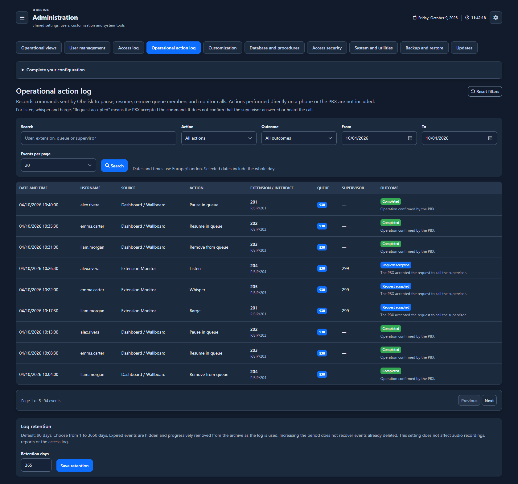 Operational action log — Complete page — Dark theme