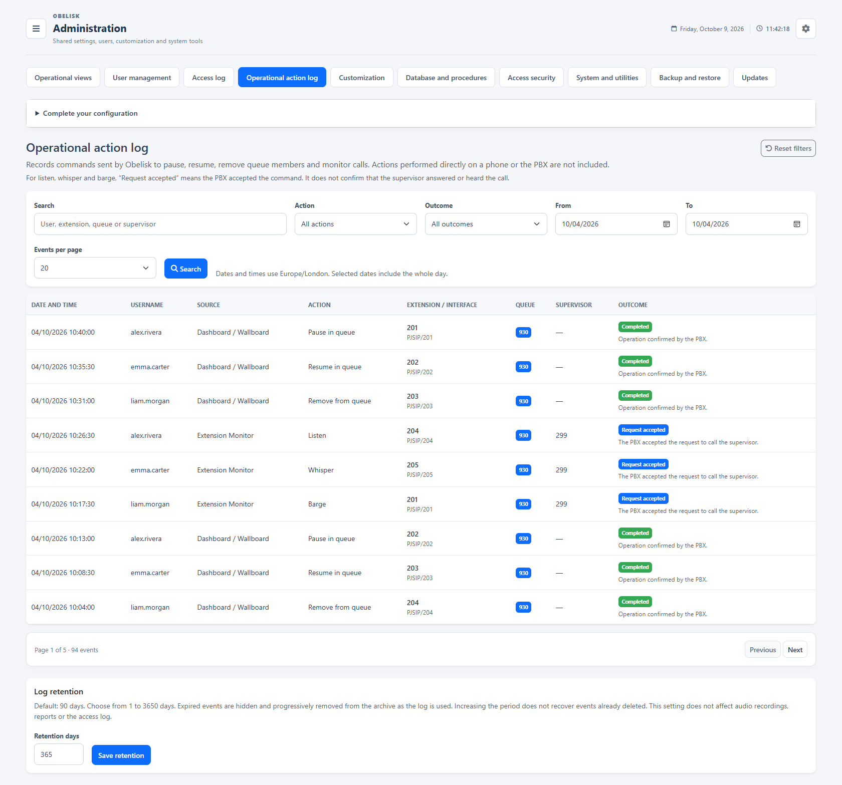 Operational action log — Complete page — Light theme