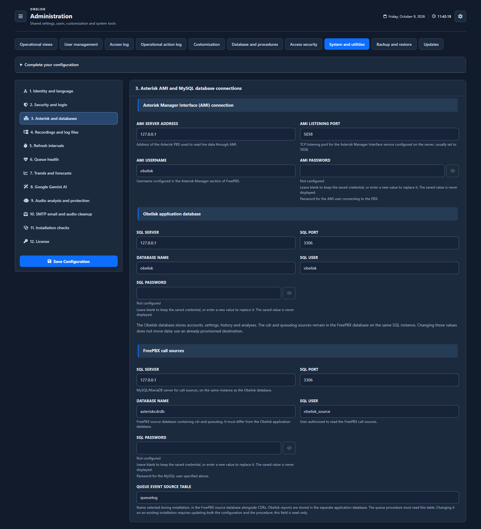 System & utilities — Application and PBX connections — Dark theme