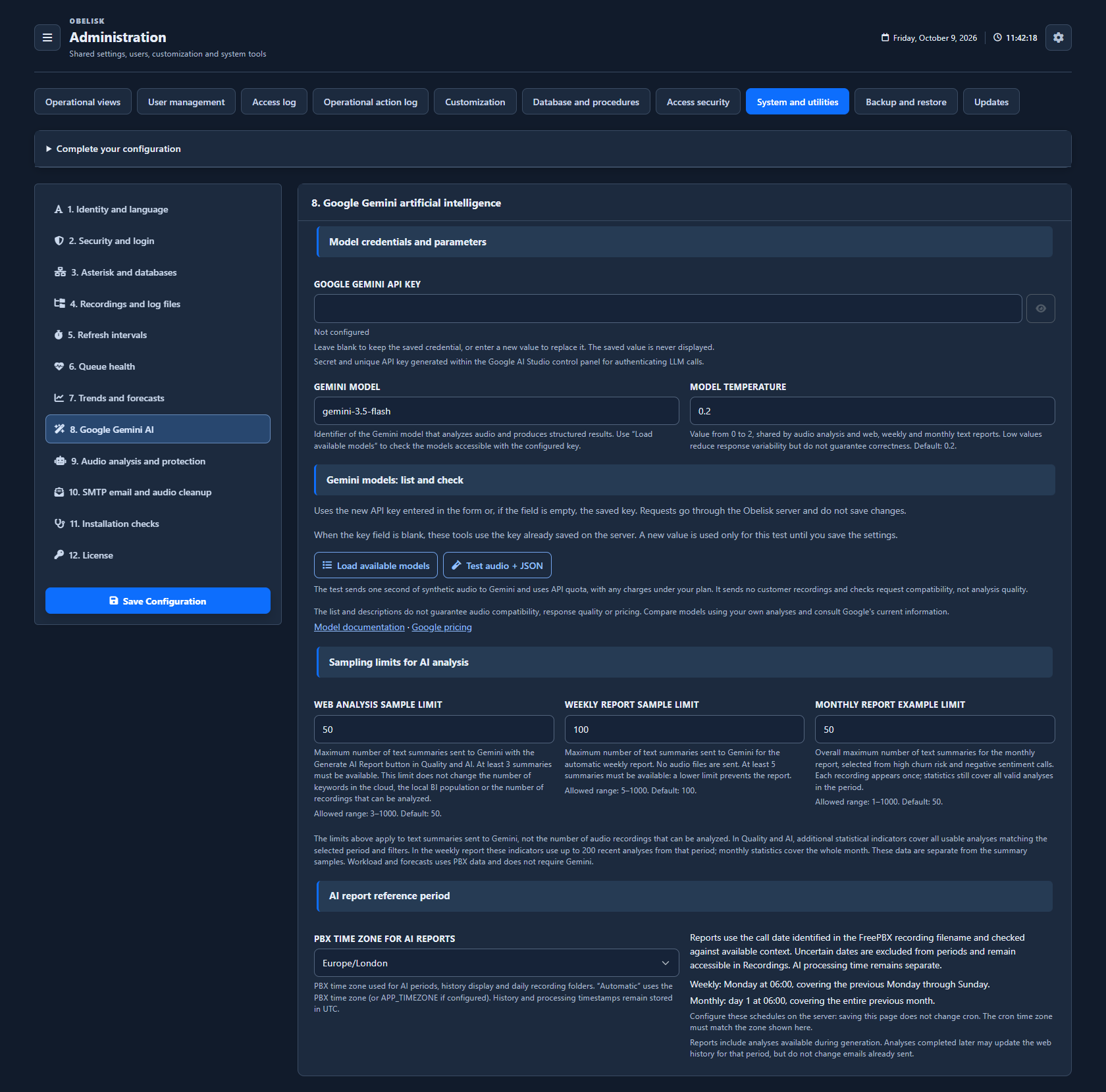 System & utilities — Gemini and AI settings — Dark theme
