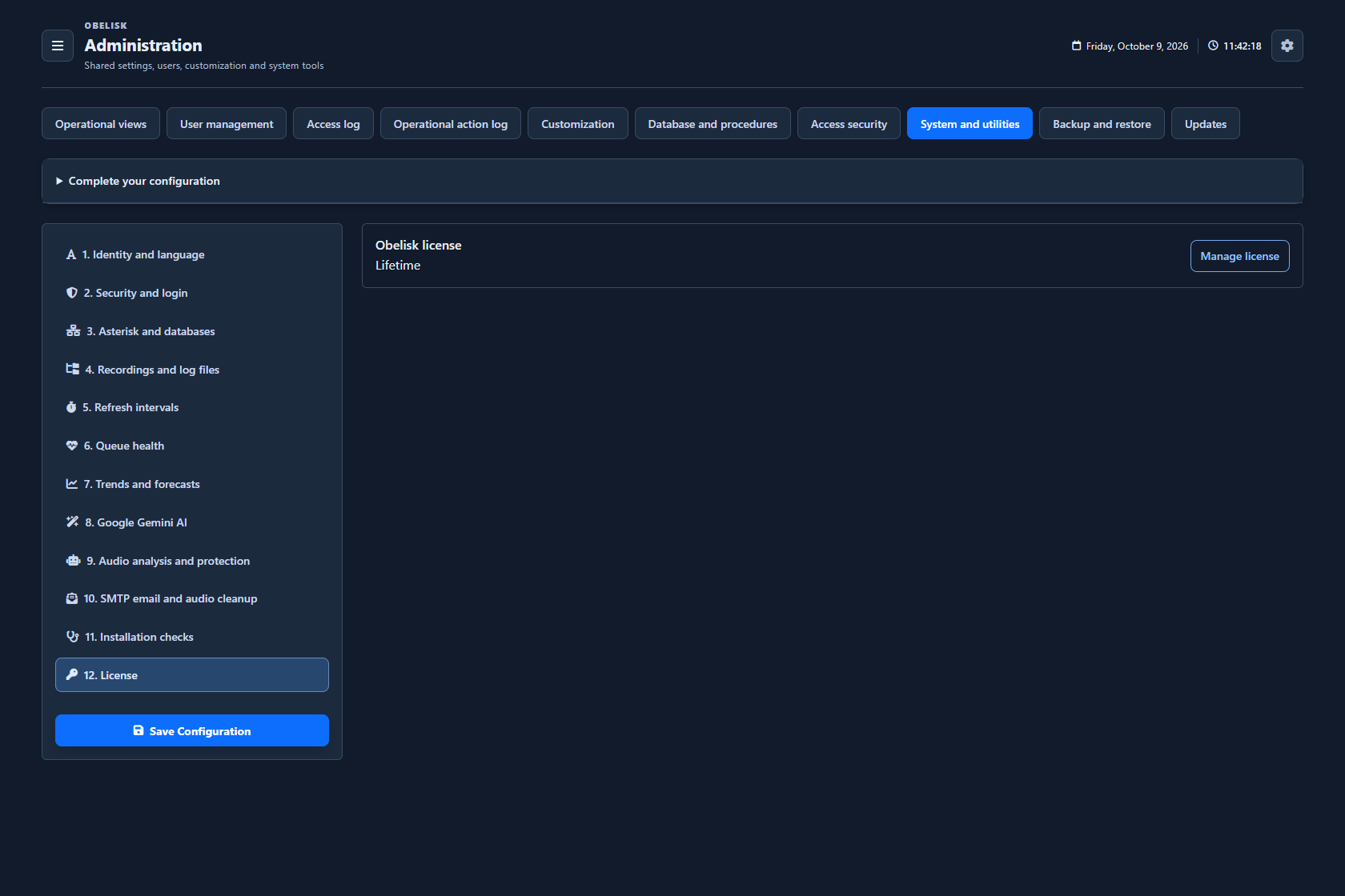 System & utilities — Installed licence — Dark theme
