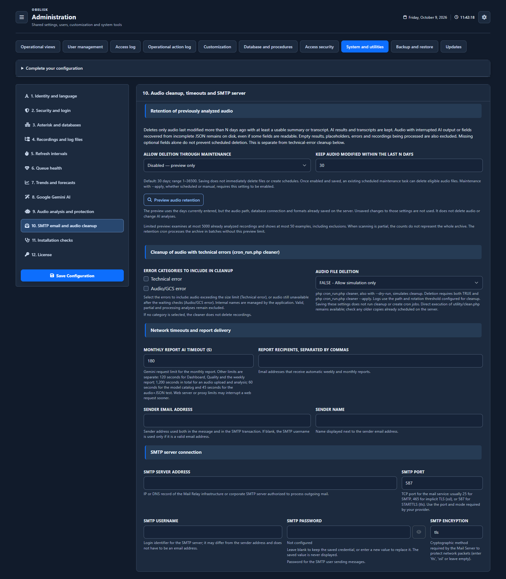 System & utilities — Email, retention and maintenance — Dark theme