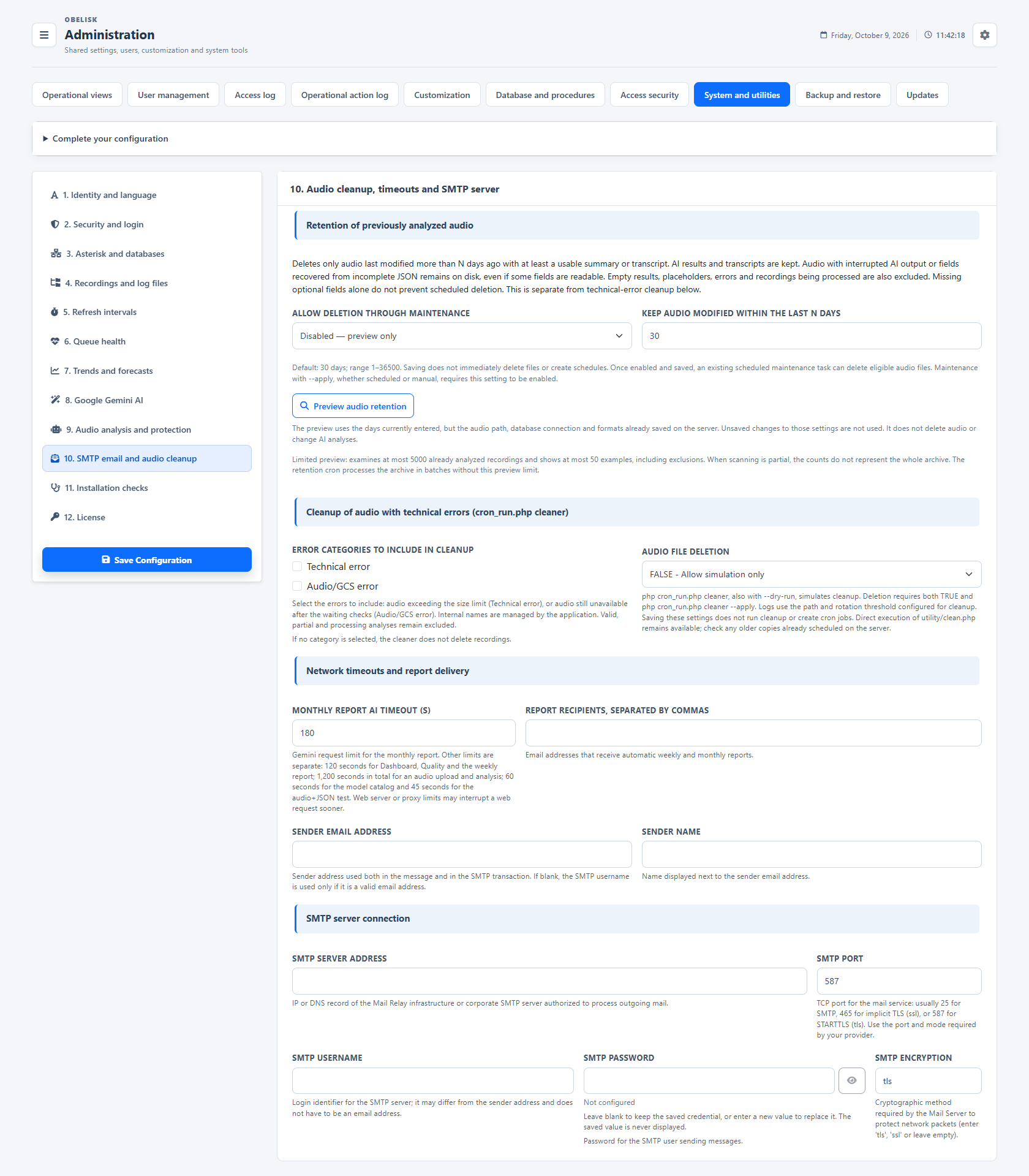 System & utilities — Email, retention and maintenance — Light theme