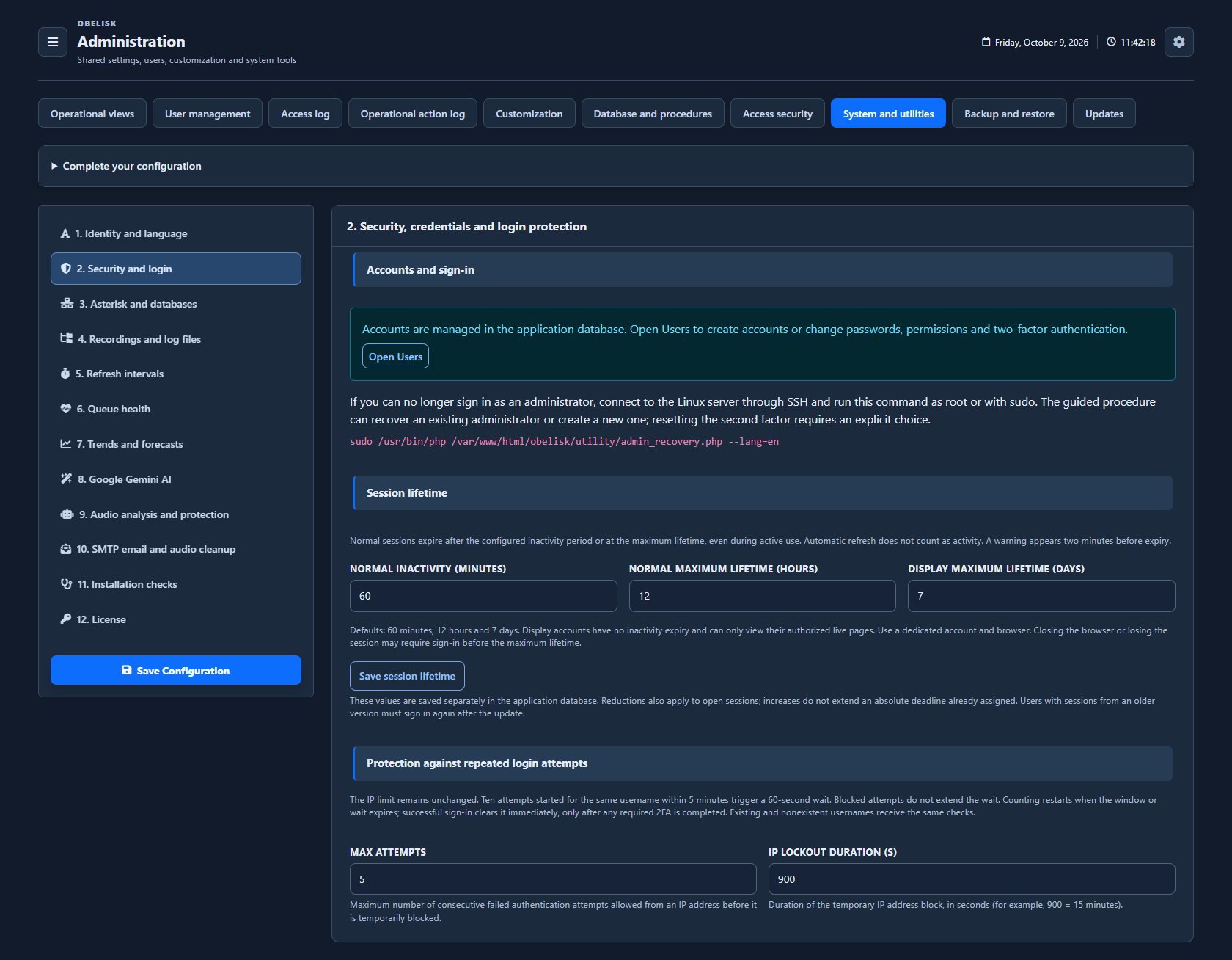 System & utilities — Security and session duration — Dark theme
