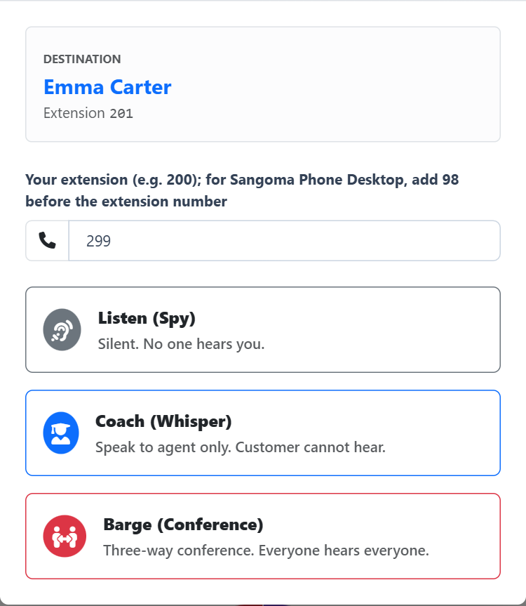 Dashboard — Support an agent during a call