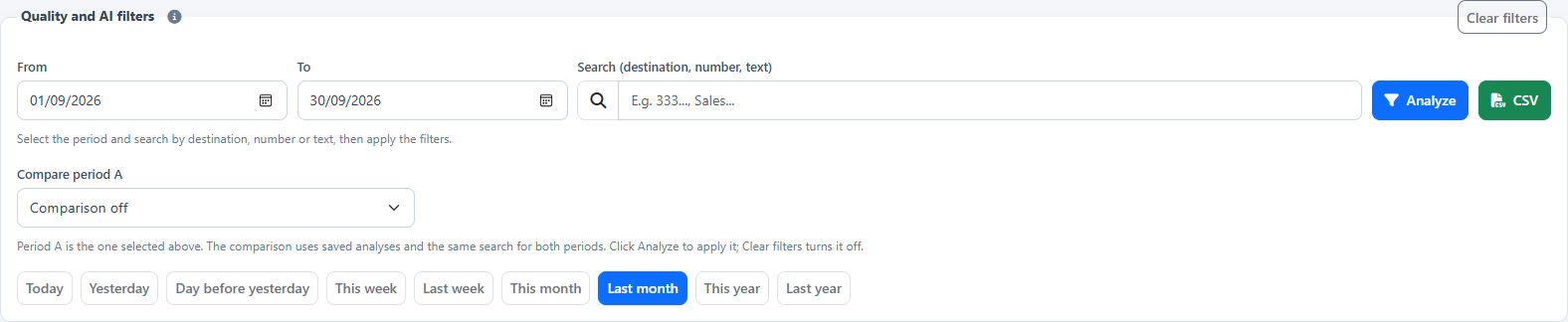 Quality and AI — Choose the period and comparison