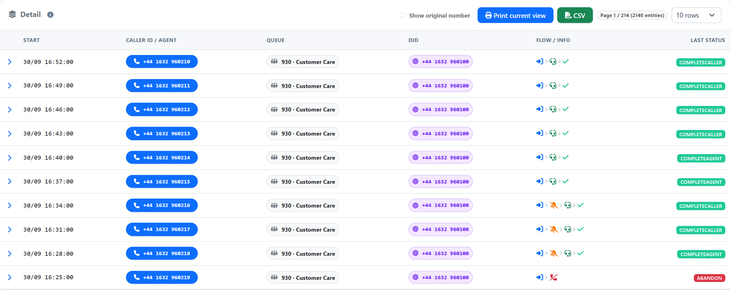 Queue Routing Log — Open the timeline of each call