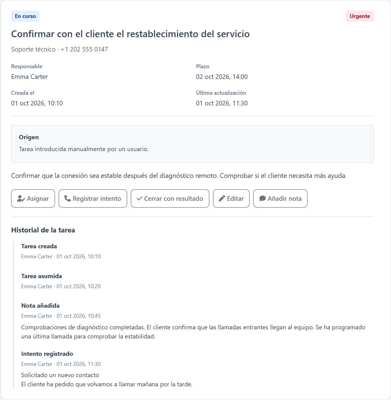 Centro de acciones — Contexto de la tarea