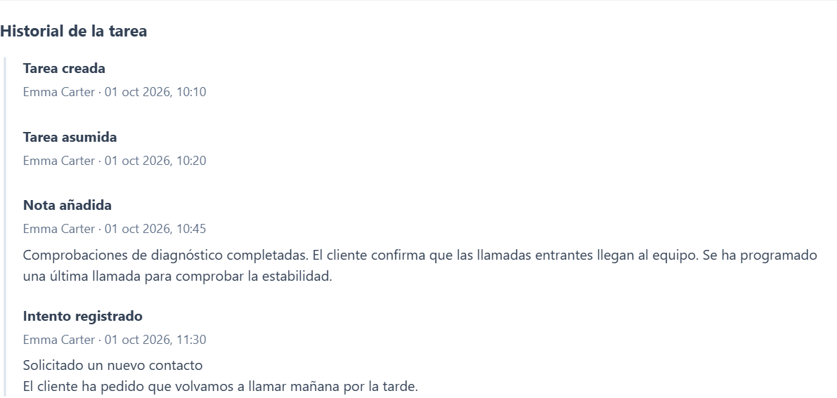 Centro de acciones — Historial de la tarea