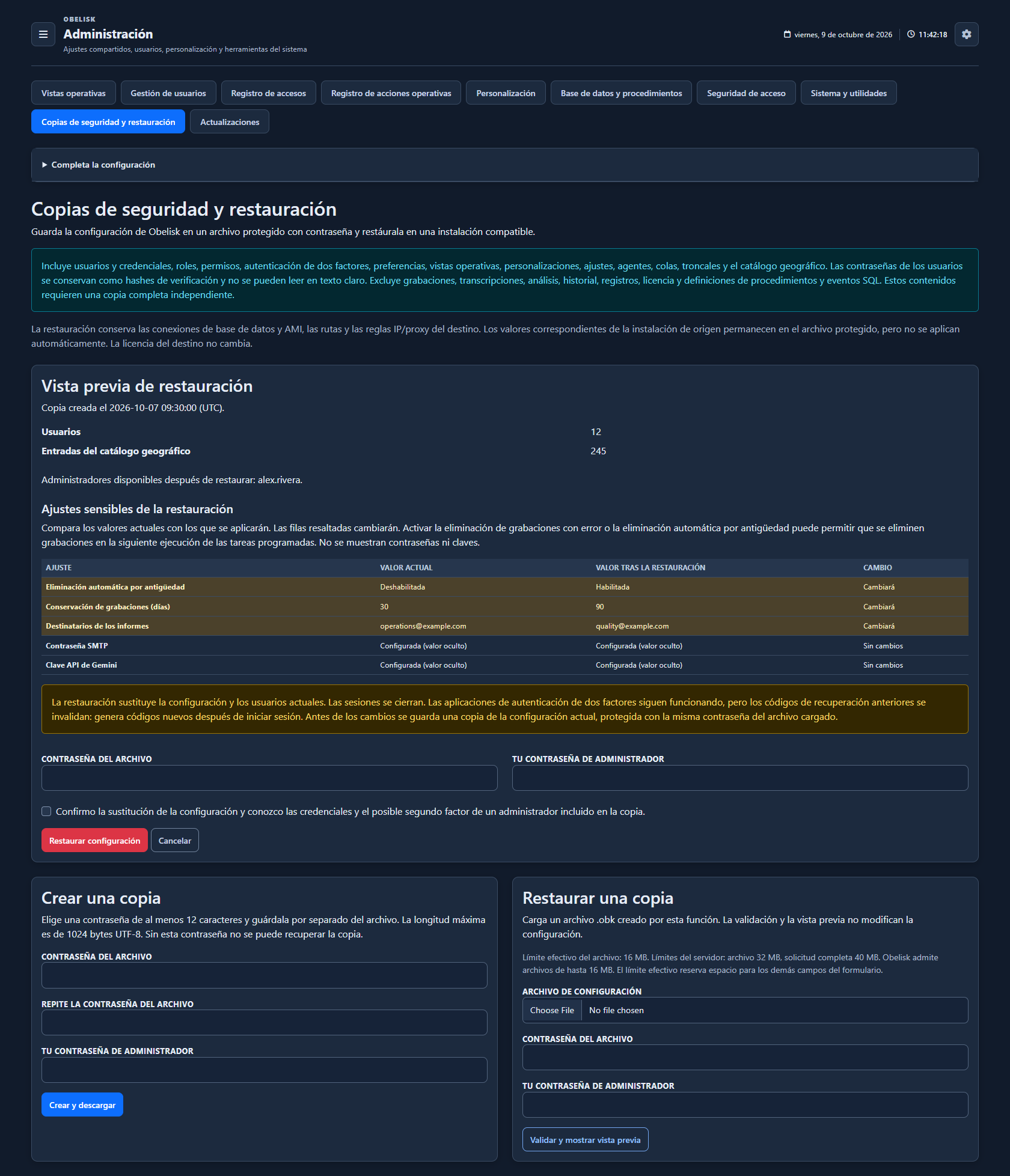 Copia de la configuración — Vista previa de restauración — Tema oscuro