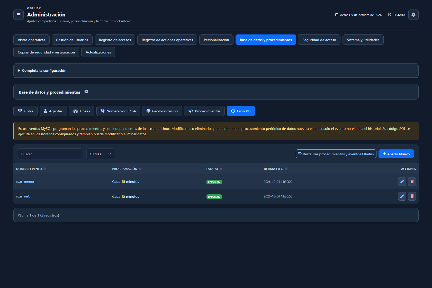 Base de datos y catálogos — Eventos programados — Tema oscuro