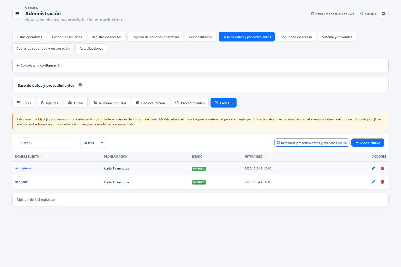 Base de datos y catálogos — Eventos programados — Tema claro
