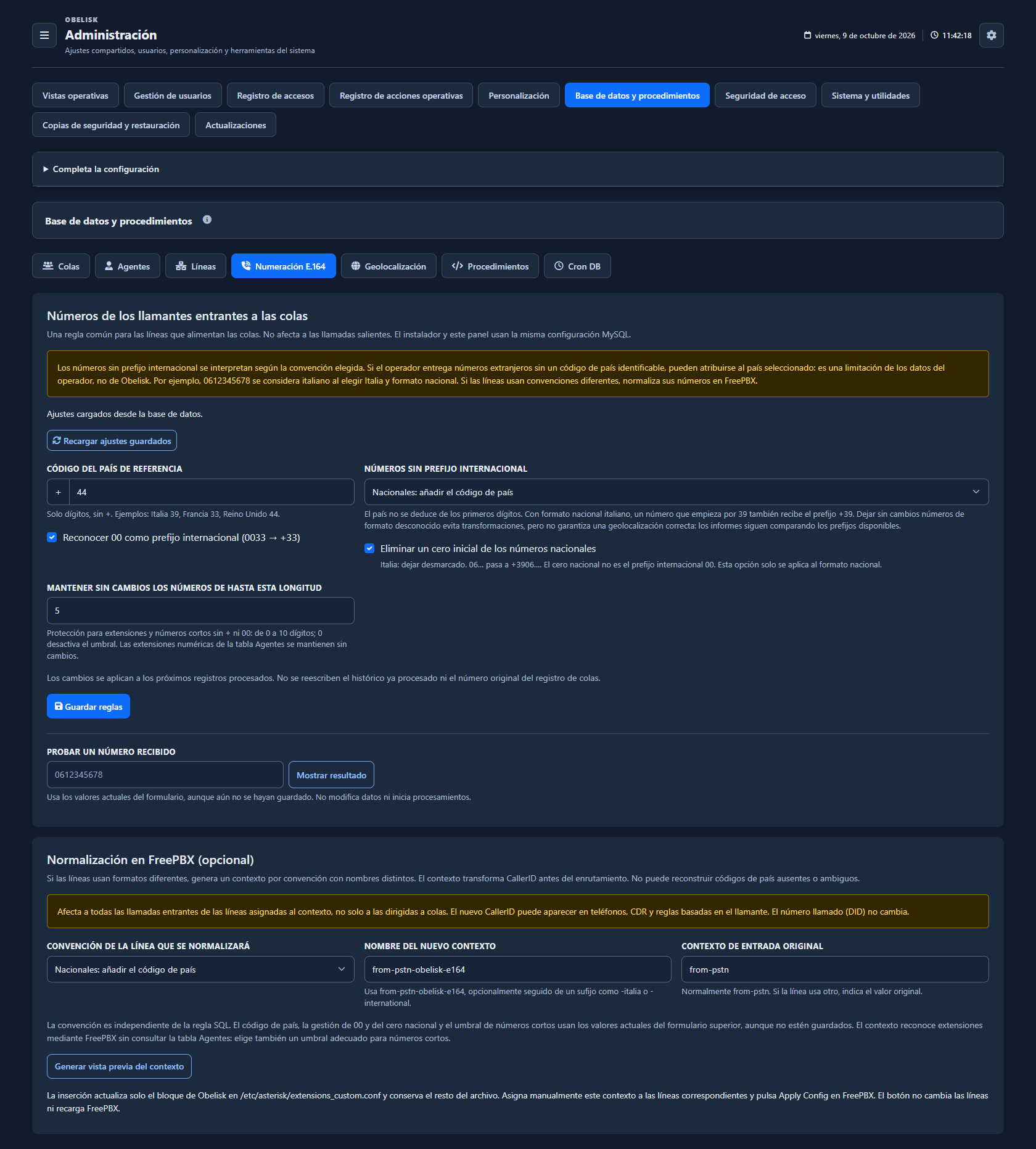 Base de datos y catálogos — Normalización de números — Tema oscuro