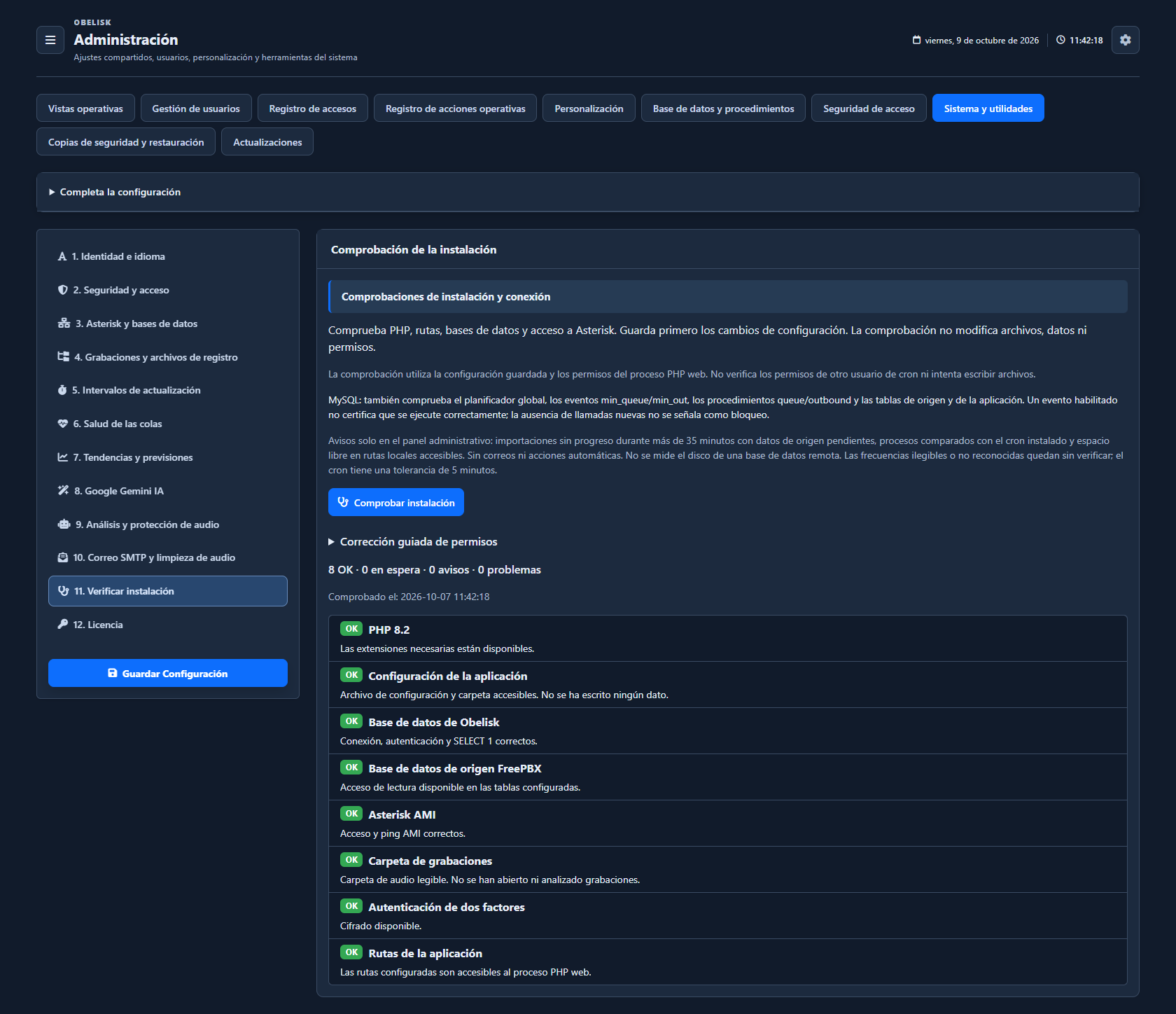Diagnóstico de instalación — Tema oscuro