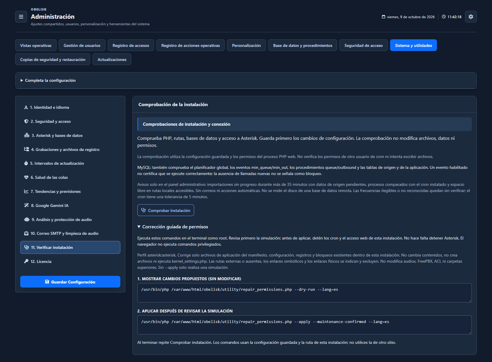Diagnóstico de instalación — Guía de reparación de permisos — Tema oscuro
