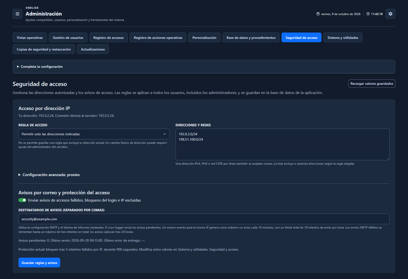 Seguridad — Página completa — Tema oscuro