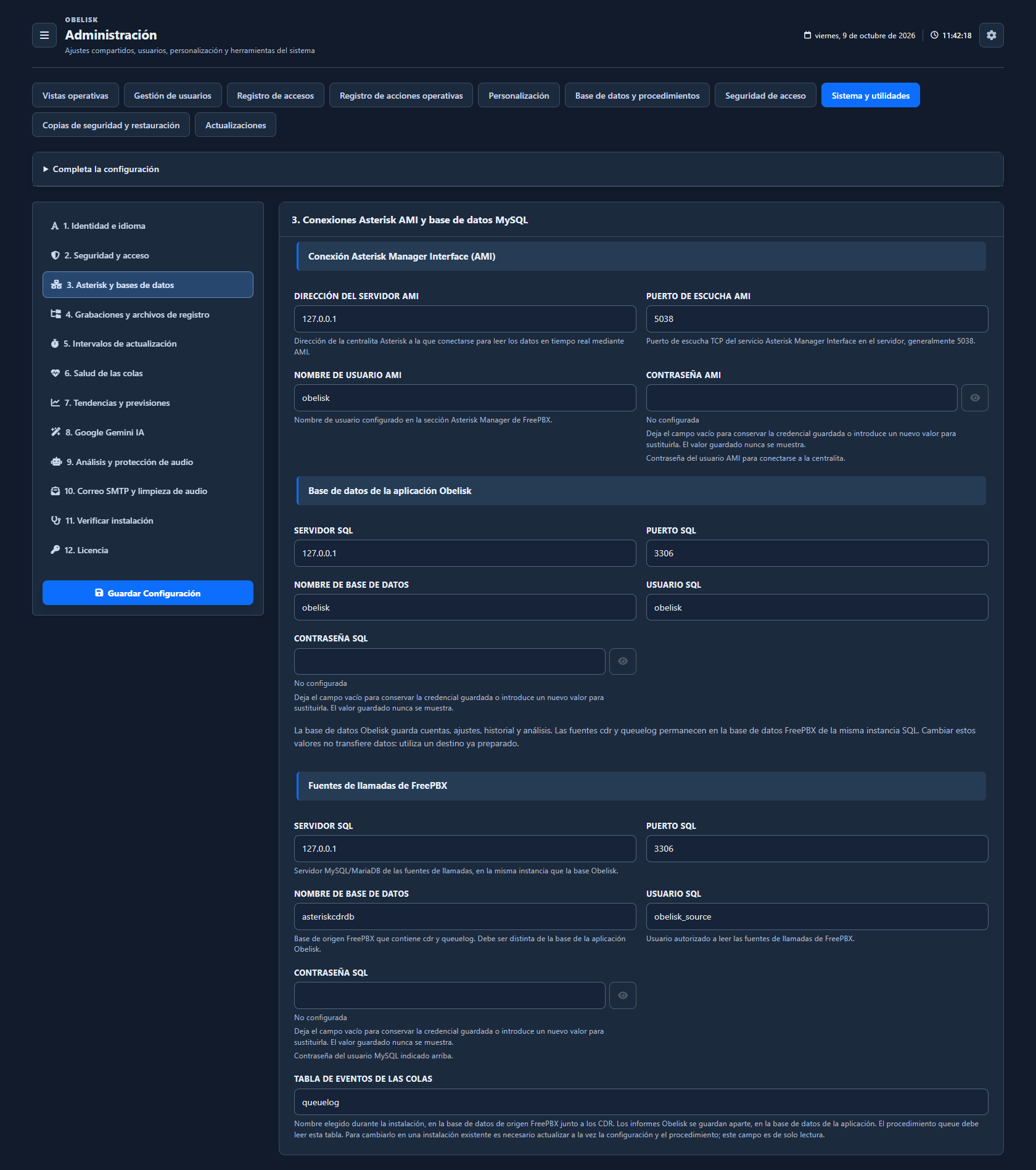 Sistema y utilidades — Conexiones de aplicación y PBX — Tema oscuro
