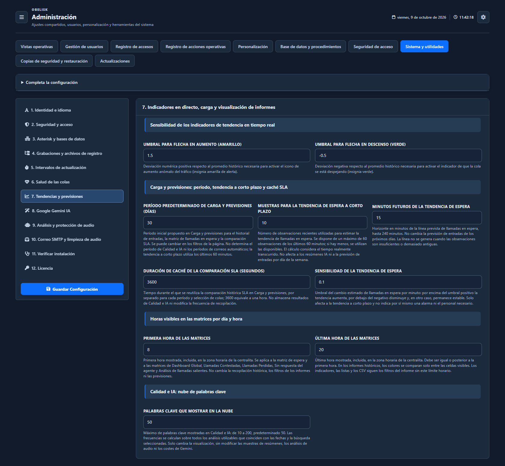 Sistema y utilidades — Tendencias, previsiones y visualización de informes — Tema oscuro