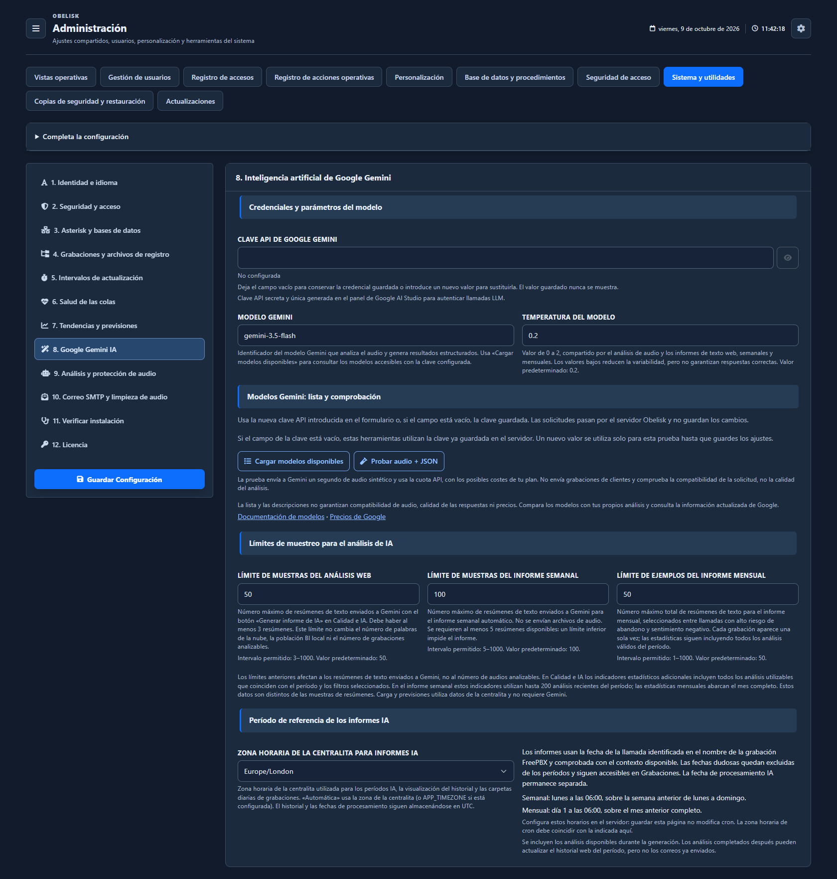 Sistema y utilidades — Configuración de Gemini e IA — Tema oscuro
