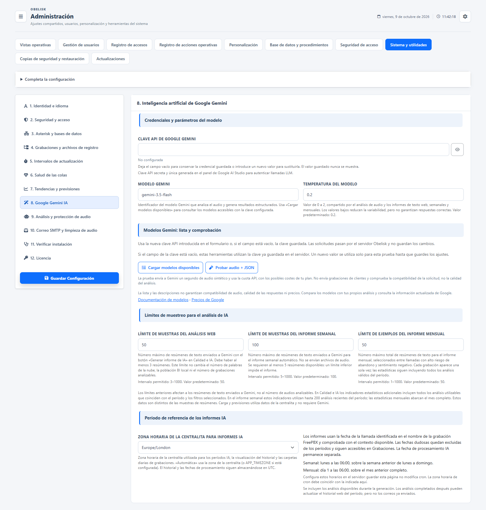 Sistema y utilidades — Configuración de Gemini e IA — Tema claro