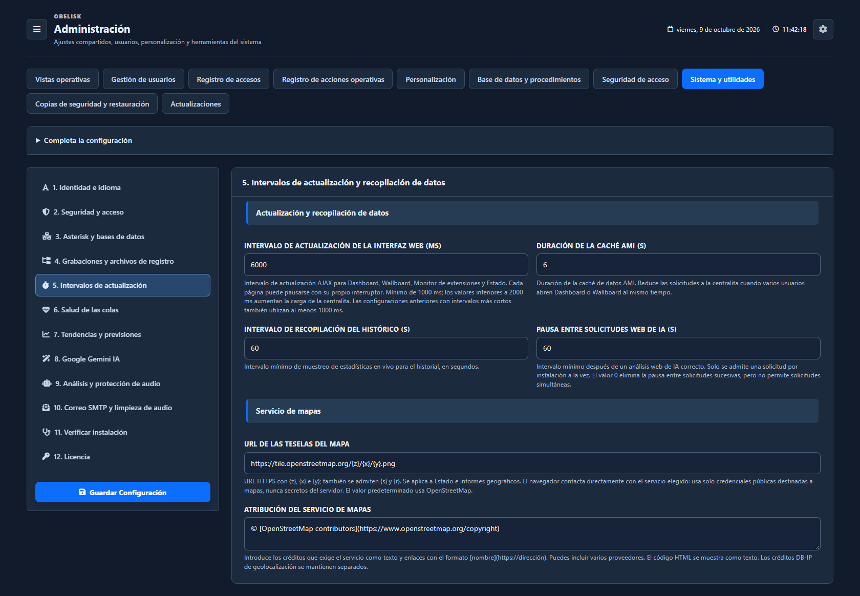Sistema y utilidades — Intervalos de actualización y recogida — Tema oscuro