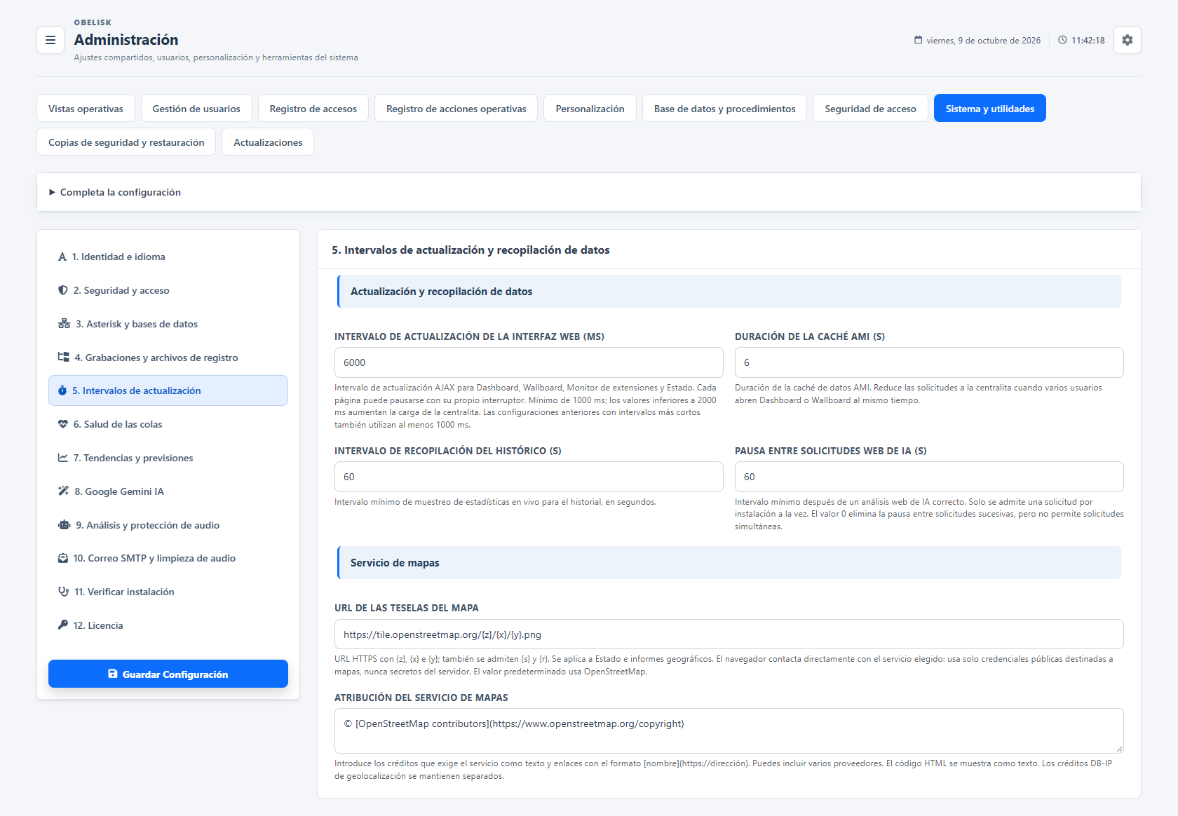 Sistema y utilidades — Intervalos de actualización y recogida — Tema claro