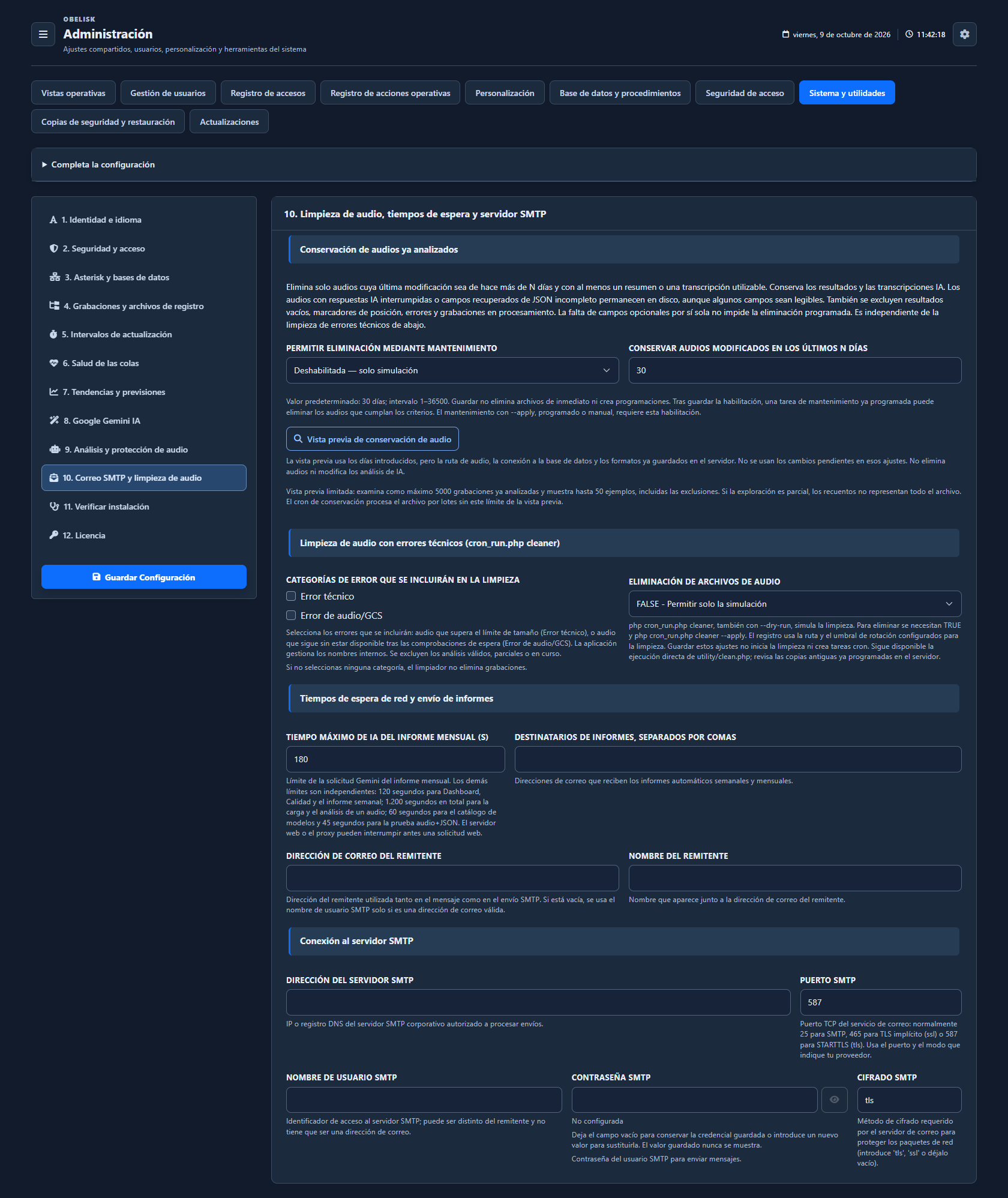 Sistema y utilidades — Correo, conservación y mantenimiento — Tema oscuro