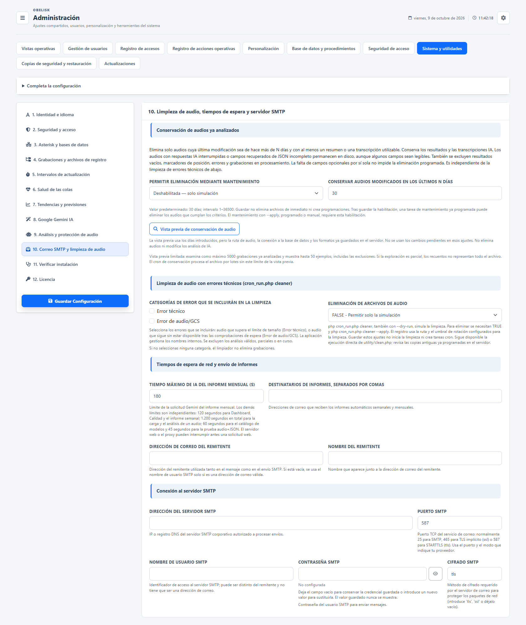 Sistema y utilidades — Correo, conservación y mantenimiento — Tema claro