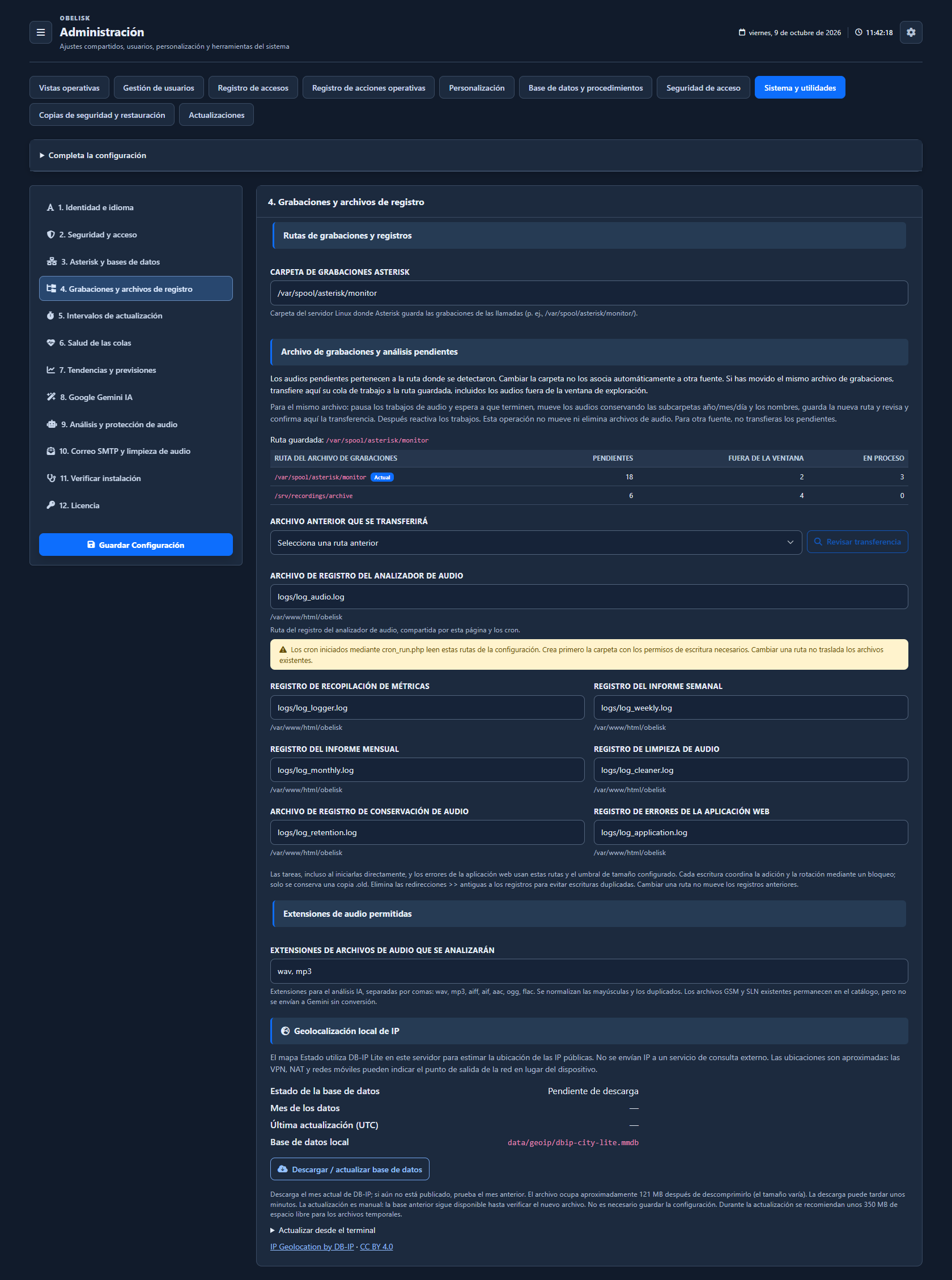 Sistema y utilidades — Rutas y almacenamiento — Tema oscuro