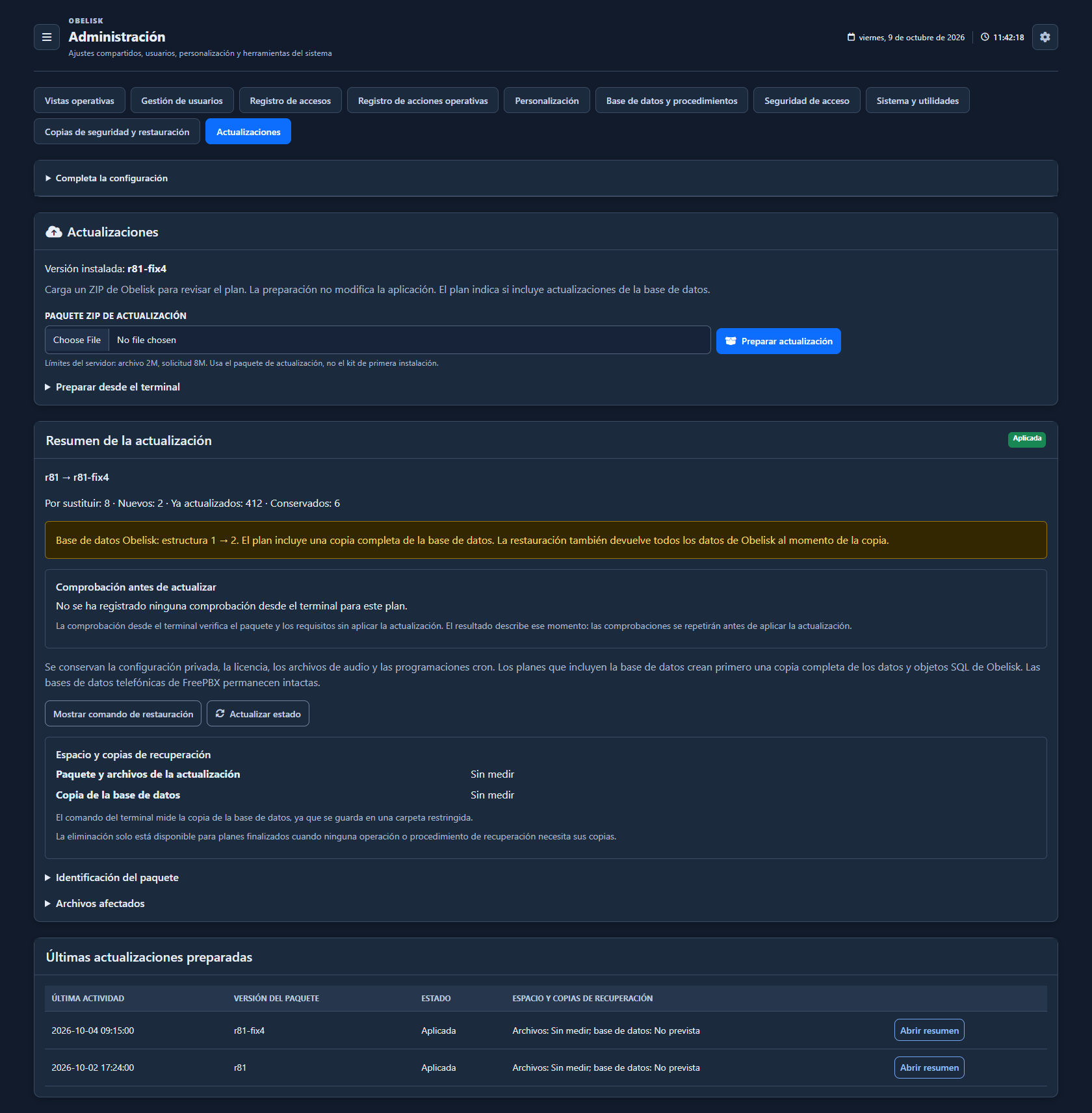 Actualizaciones — Página completa — Tema oscuro