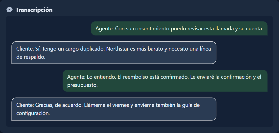 Transcripción de la llamada — Tema oscuro