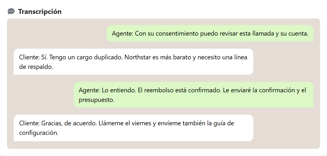Transcripción de la llamada — Tema claro