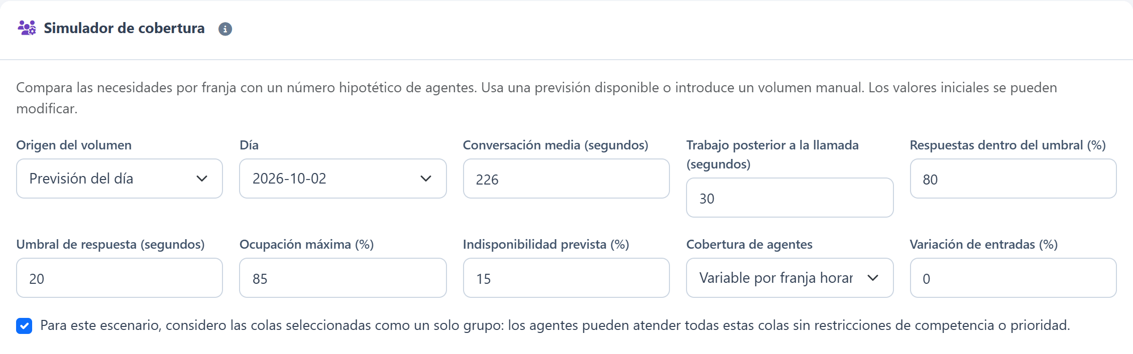 Carga de trabajo y previsiones — Convierte llegadas en un escenario Erlang C